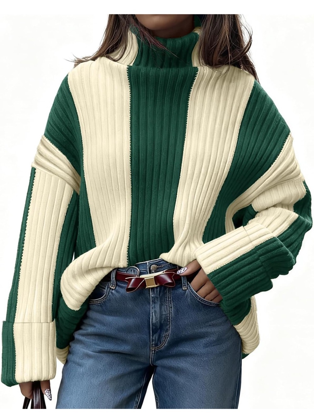 Ribbed Cowl Neck Colorblock Sweater - Green & Cream